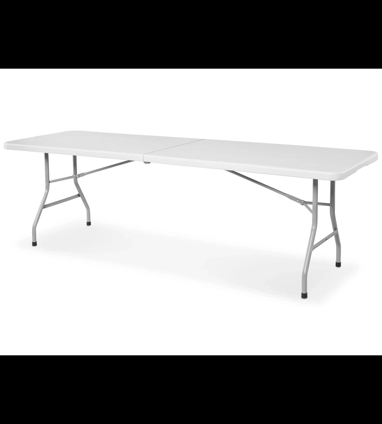Front hero view of the 8-foot white plastic rectangular bi-fold utility table on white background.