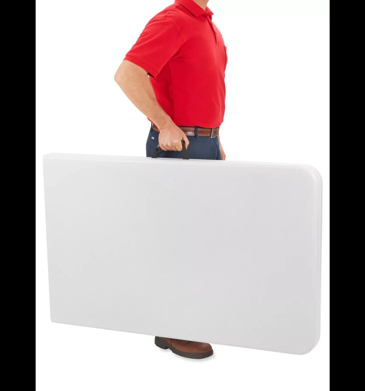 Folded 8-foot white plastic bi-fold table being carried by the built-in handle for transport.