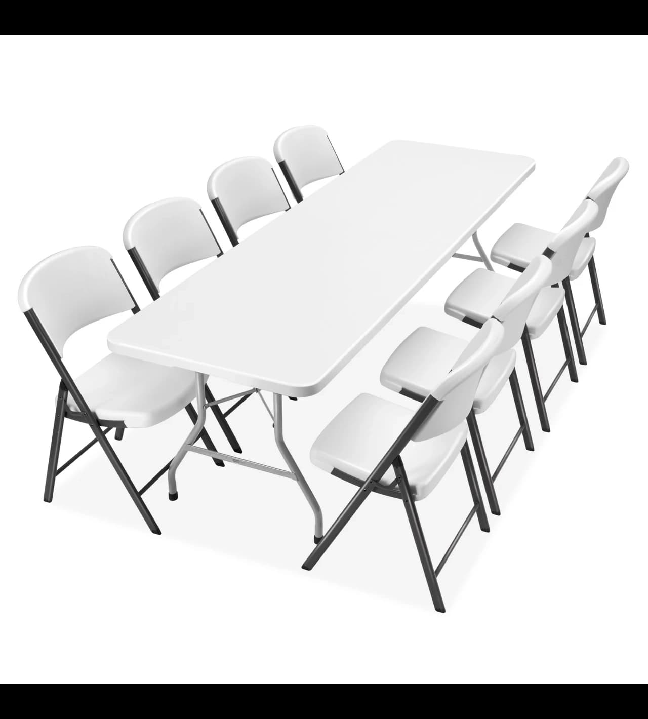 Setup view of the 8-foot white plastic bi-fold table with folding chairs in a clean layout.