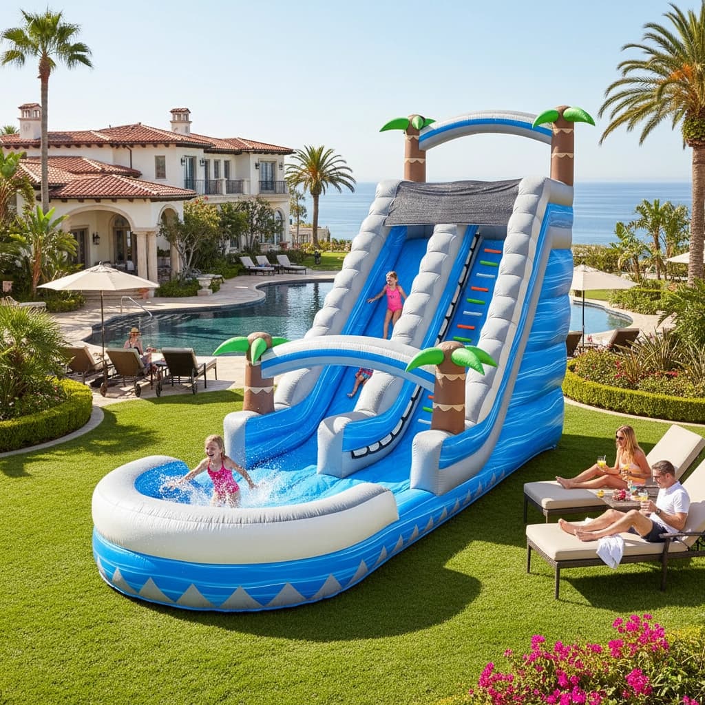 Outdoor front view of the Blue Paradise Palm Water Slide set up beside a pool with palm accents.