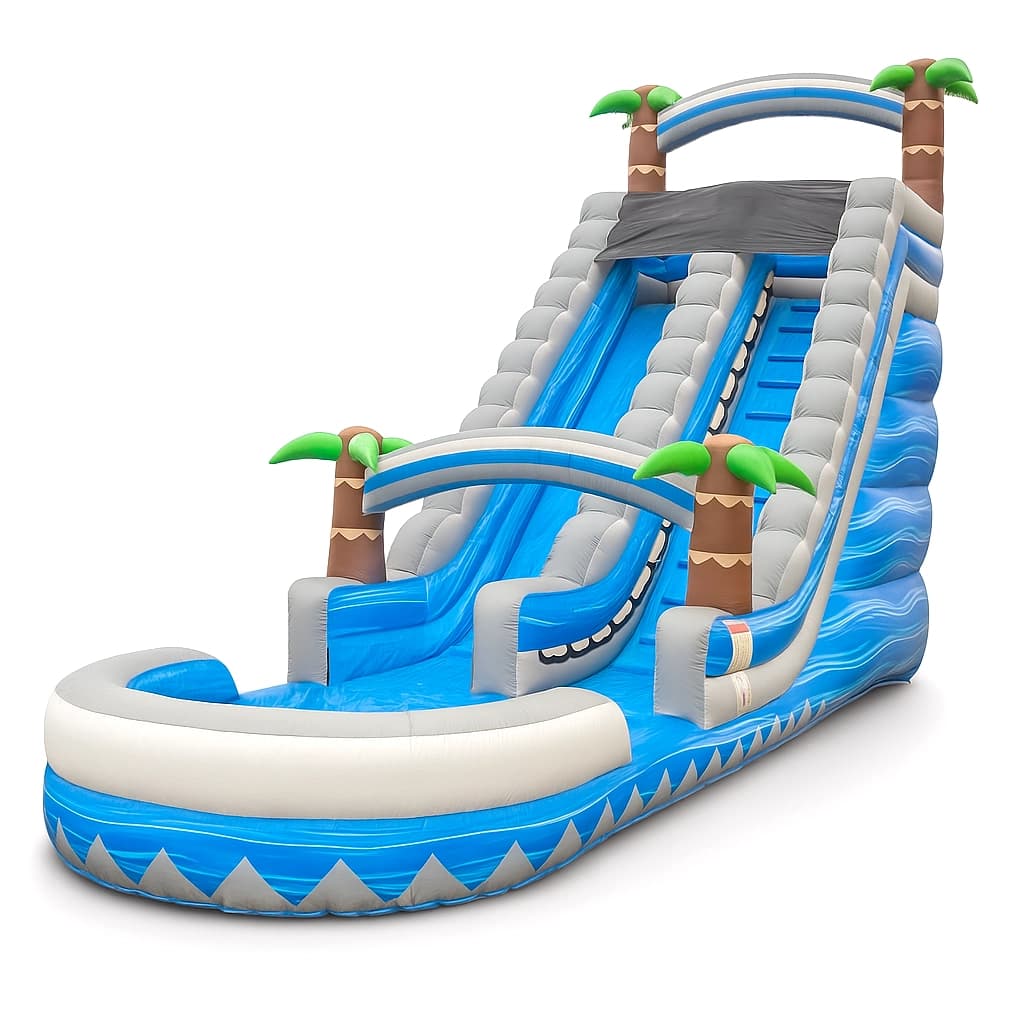 Side angle showing non-slip climbing steps, safety net canopy, and the fast slide lane into the pool.