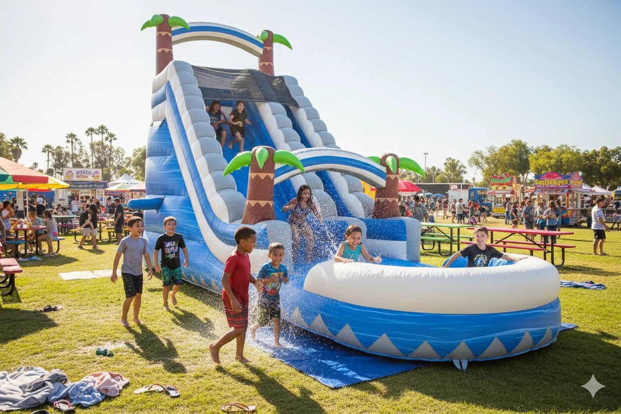 Action view with kids splashing at the Blue Paradise Palm Water Slide pool under the decorative arch.