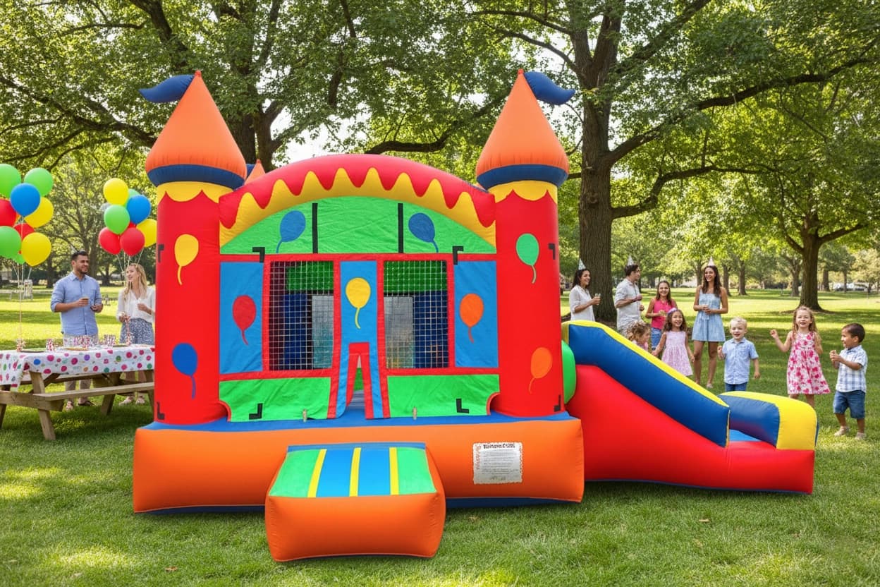 Outdoor front view of the Castle Mini Slide Party Combo showing slide and entry step on grass.