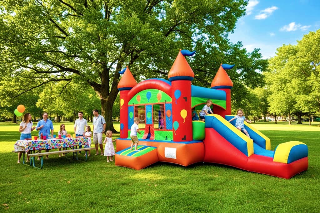 Angled side view of the Castle Mini Slide Party Combo highlighting the attached slide and castle turrets.