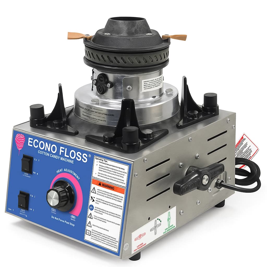 Close-up of the machine head and control panel showing heat adjustment knob and power switches for operation.