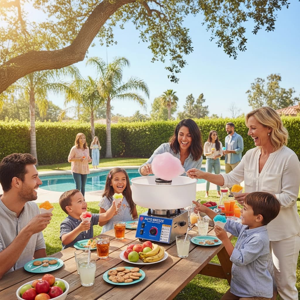 Family gathering by the pool with the cotton candy machine in use and children holding freshly made cotton candy.