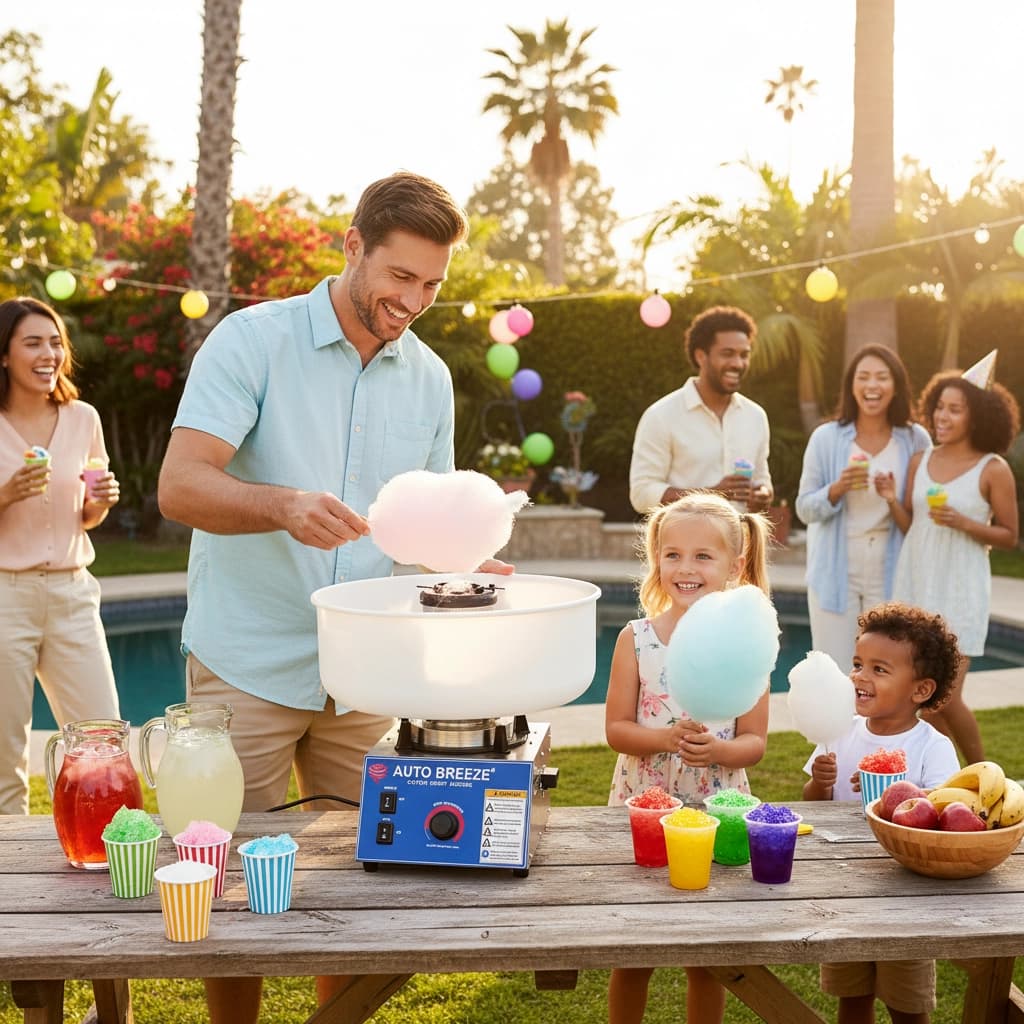 Outdoor front view showing the cotton candy machine operating at a backyard party with guests enjoying fresh cones.