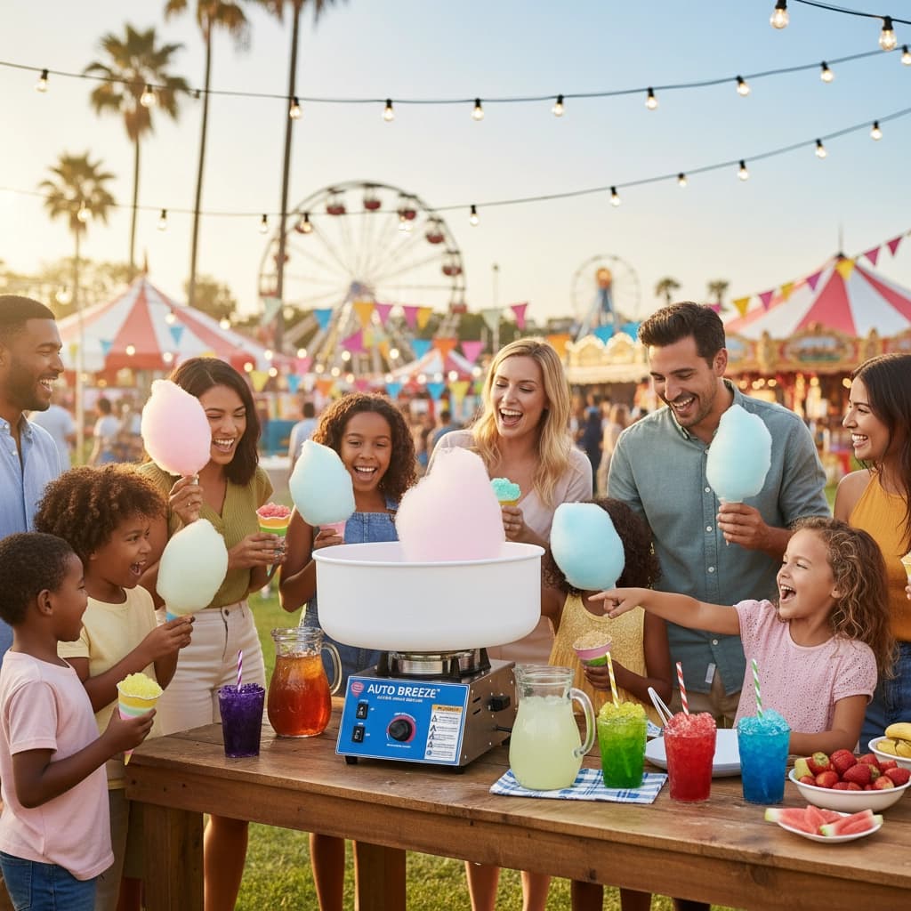 Festival scene with the cotton candy machine serving a group of guests around the table under string lights.