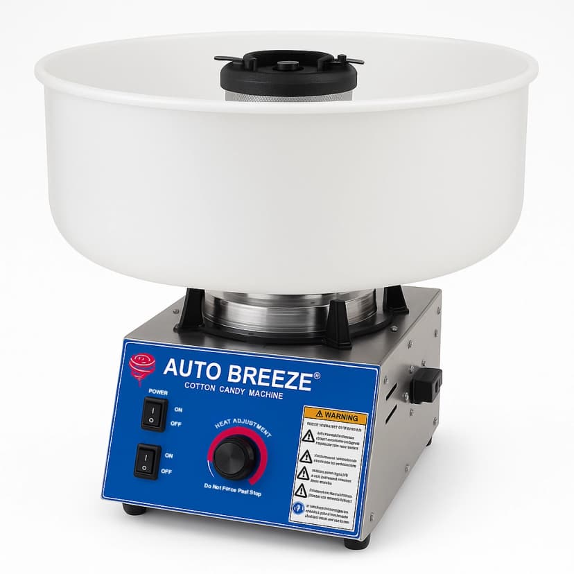 Front studio view of a commercial cotton candy machine with floss bowl and stabilizer on a clean background.