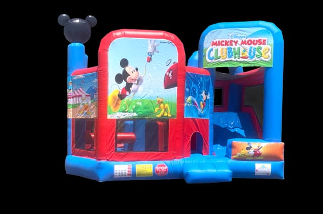 Front view of the Disney Mickey Mouse 5-in-1 inflatable combo with slide and hoop on a clean background.