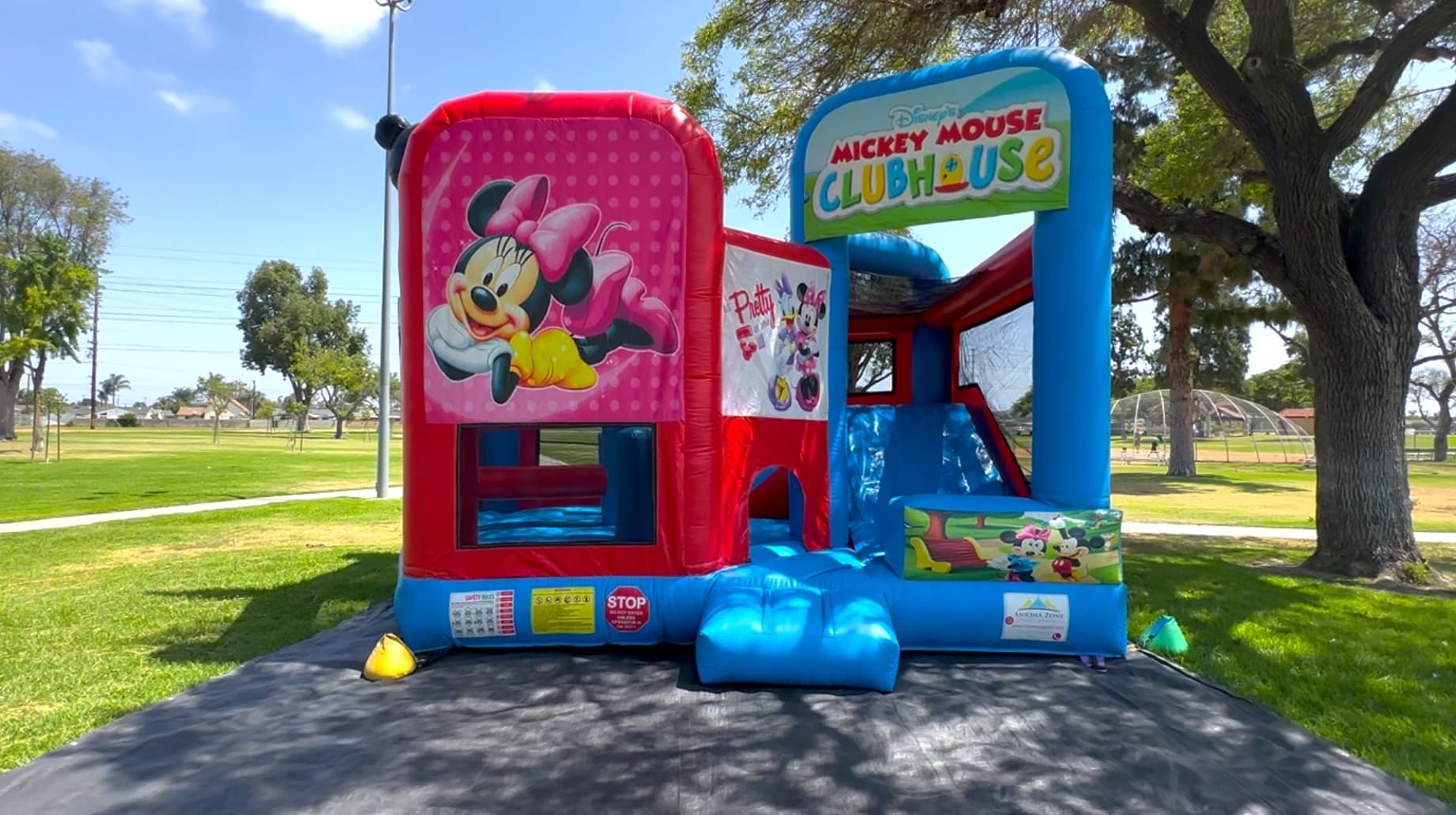 Outdoor front view of the Disney Minnie Mouse 5-in-1 combo showing Minnie graphics and front slide.