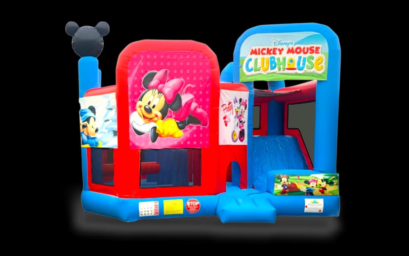 Front view of the Disney Minnie Mouse 5-in-1 combo with slide and basketball hoop on a white background.