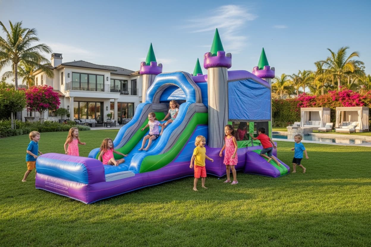 Alternate exterior angle of the Earth 4-in-1 castle combo at an event venue with kids playing.