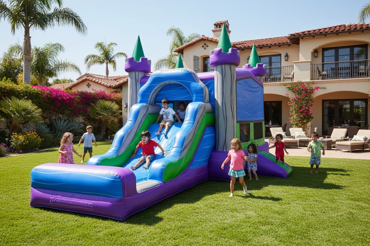 Outdoor front view of the Earth 4-in-1 castle combo set up in a backyard, showing entry and slide.