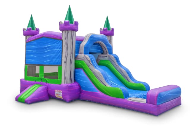 Front view of the Earth 4-in-1 castle combo with slide and bounce area on a clean background.