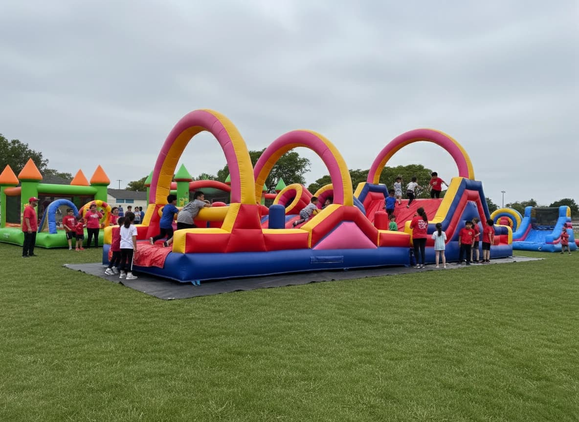 Children and families playing on the Funnel Run Climb & Slide Course during a school field day.