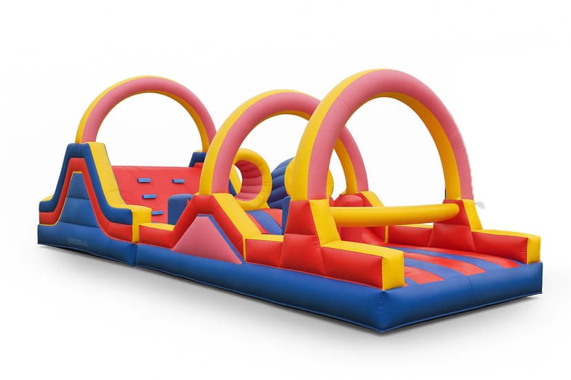 Front studio view of the Funnel Run Climb & Slide Obstacle Course showing dual lanes and funnel rings.