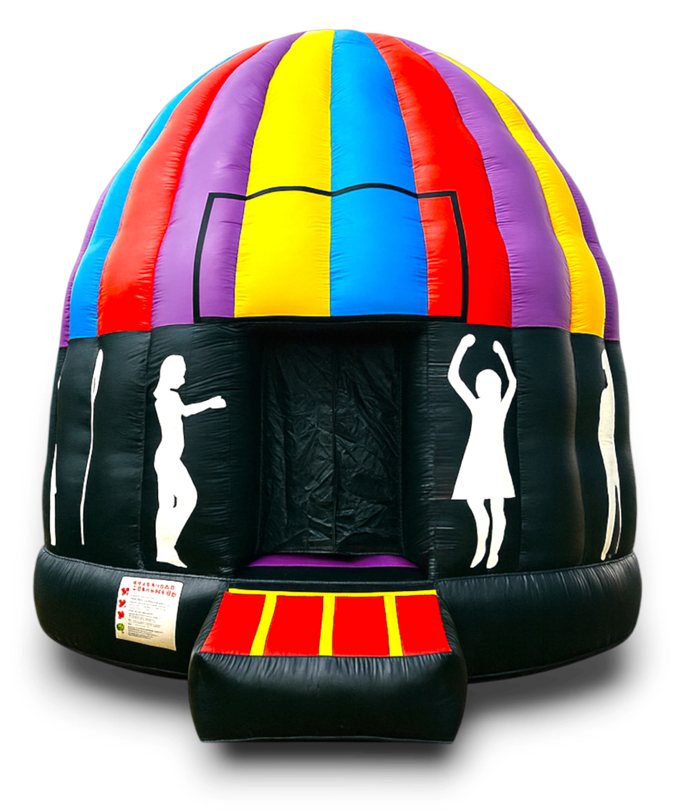 Front view of the Incredible Dance Party Dome Jumper with LED lights and music system setup visible.