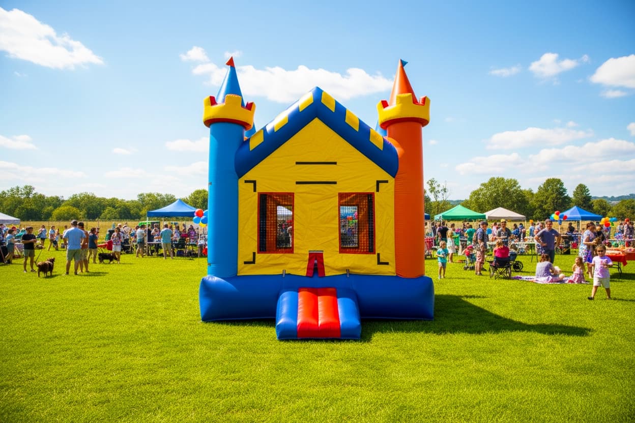Outdoor front view of the Jumpland Castle bounce house showing entry step, colorful walls, and mesh windows.