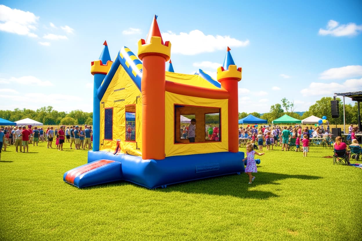 Side view of the Jumpland Castle bounce house showing turrets and safety mesh panels in outdoor lighting.