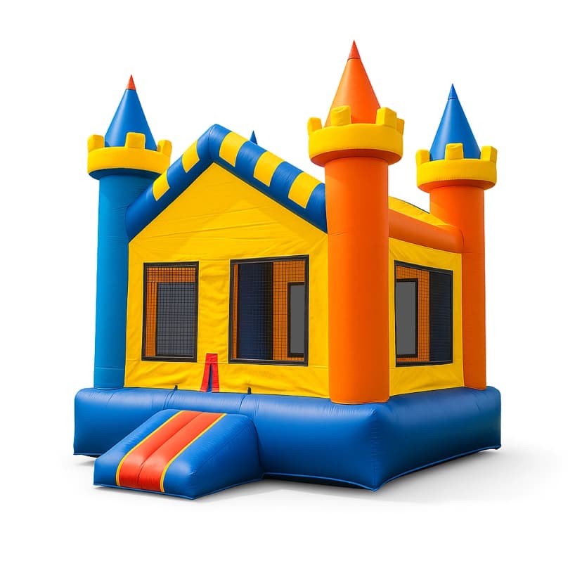 Front view of the Jumpland Castle bounce house with bright turrets and entry step on a clean white background.