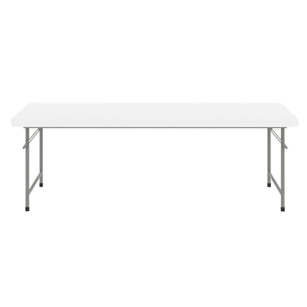 Lengthwise view of the kids plastic rectangular folding table showing the 60-inch side and legs.