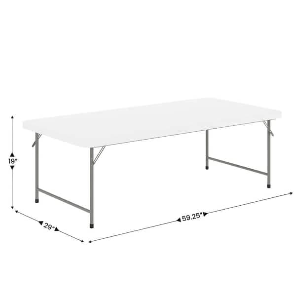 View of the kids plastic rectangular folding table showing measurements of length, width, and height.