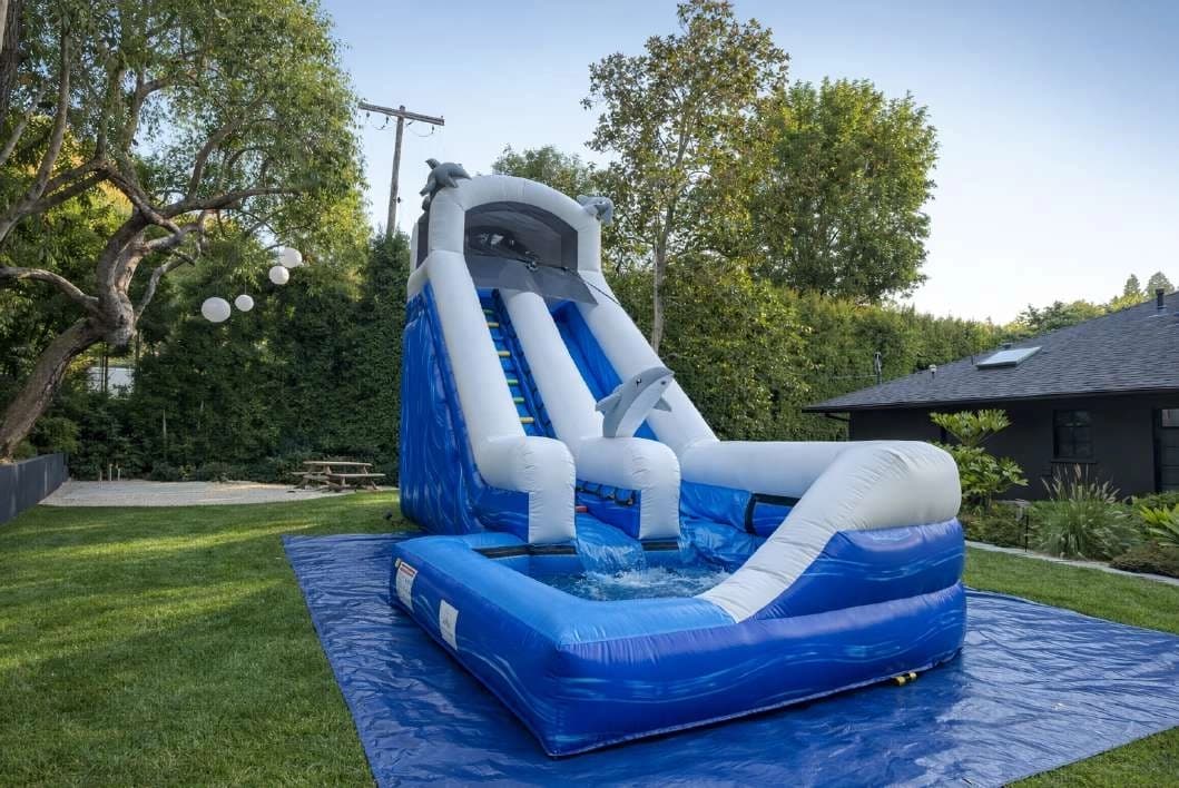 Front hero view of the Mega Blue Dolphin Water Slide showing main features and design.