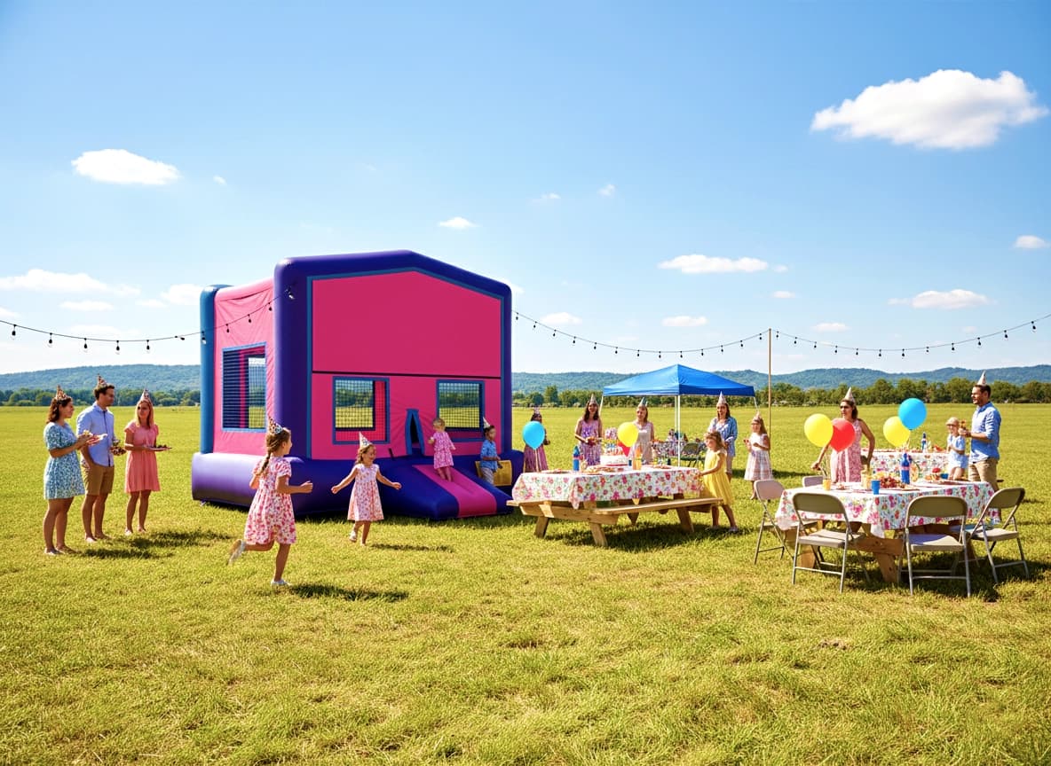 Side view of the Pink Wonder bounce house showing side panels, mesh windows, and bright castle accents.