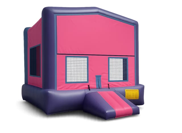 Front view of the Pink Wonder bounce house with bright pink and purple walls, castle towers, and entry step.