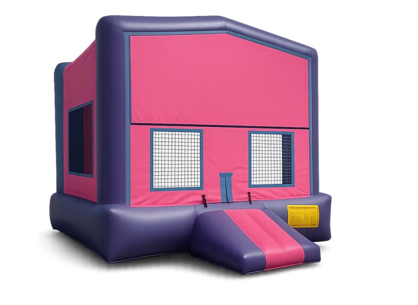Front view of the Pink Wonder bounce house with bright pink and purple walls, castle towers, and entry step.