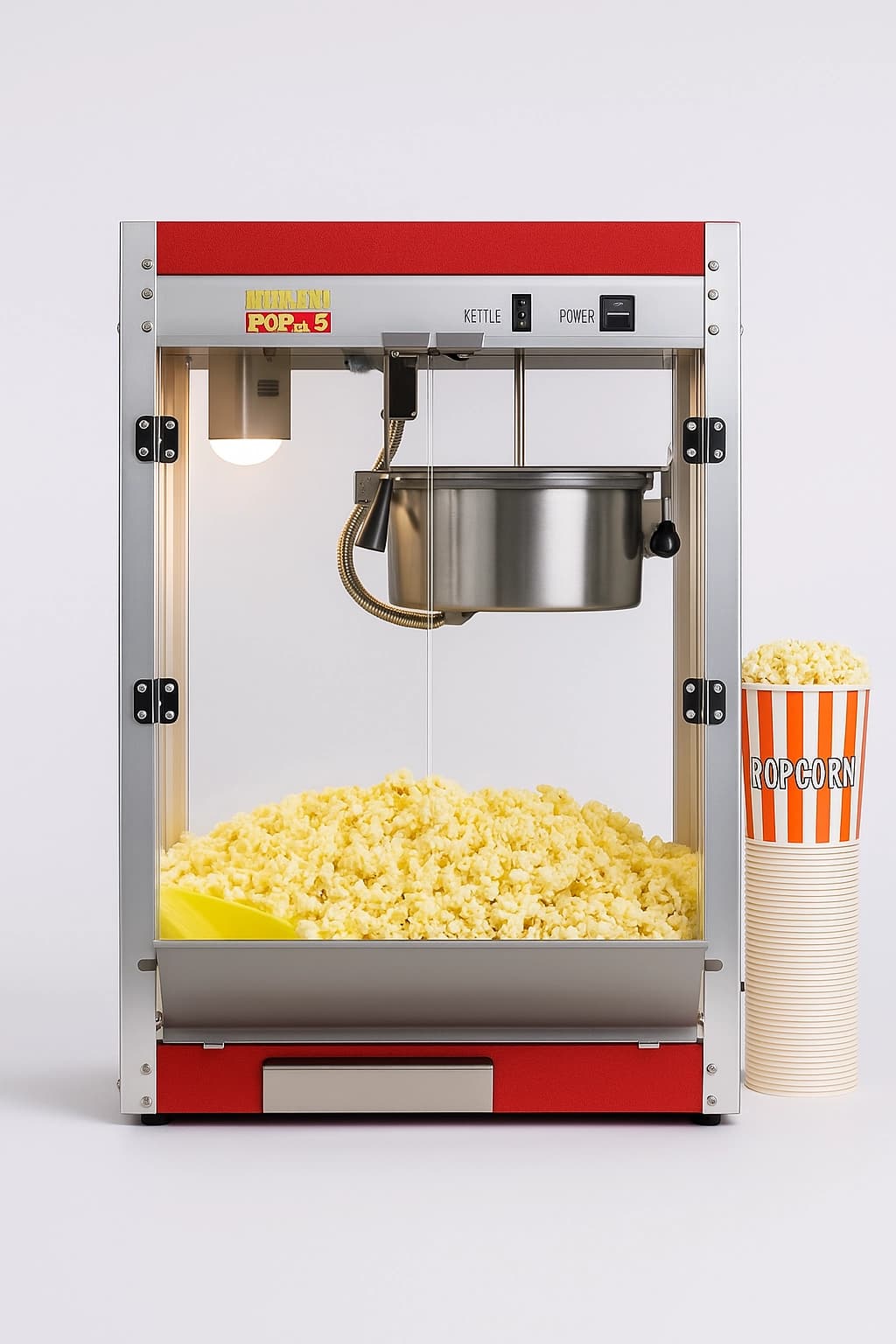 Straight-on view of the 8 oz popcorn machine filled with popped corn and striped concession cups stacked inside.