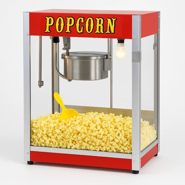 Front view of the 8 oz commercial popcorn machine with stainless steel kettle on a clean white background.