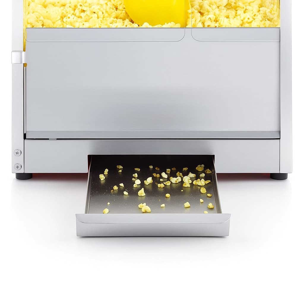 Close-up of the stainless steel kettle and hinged lid inside the 8 oz popcorn machine during operation.