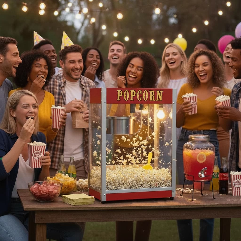 Friends enjoying fresh popcorn around the 8 oz machine at a backyard celebration with bistro lights.