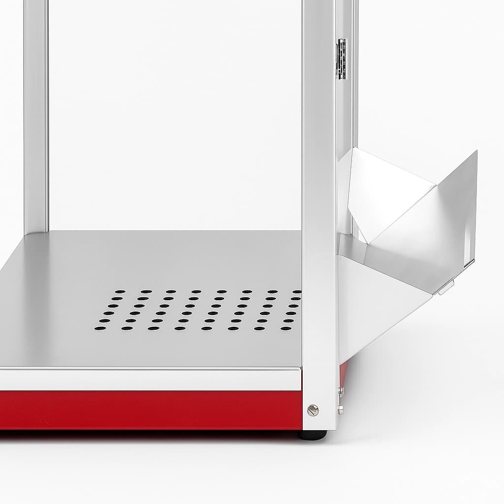 Detail view of the warming deck and stainless serving chute on the 8 oz popcorn machine cabinet.