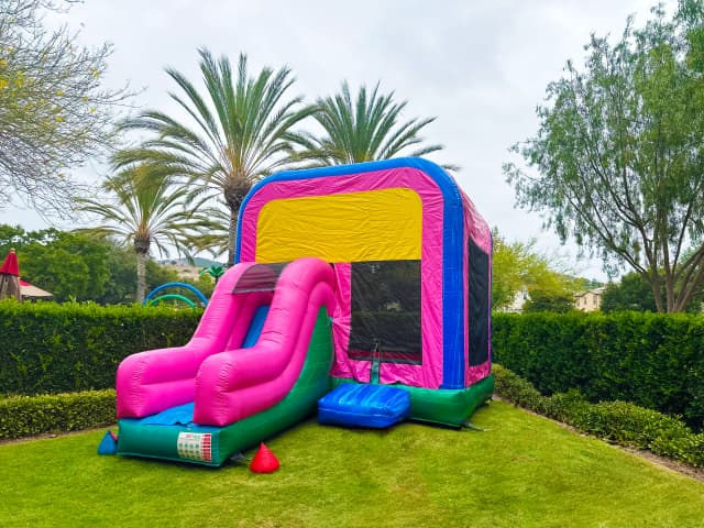 Outdoor front view of the Popular Pinko Combo Jumper showing entry step, slide area, and vivid character art.