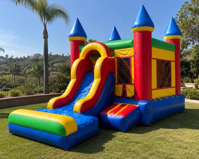 Front view of the Rainbow Castle Combo showing rainbow arches, castle turrets, and wide slide.