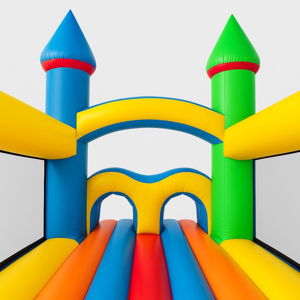 Interior view of the Rainbow Tunnel Rush course showing bounce lanes, tunnel openings, and protective mesh sides.