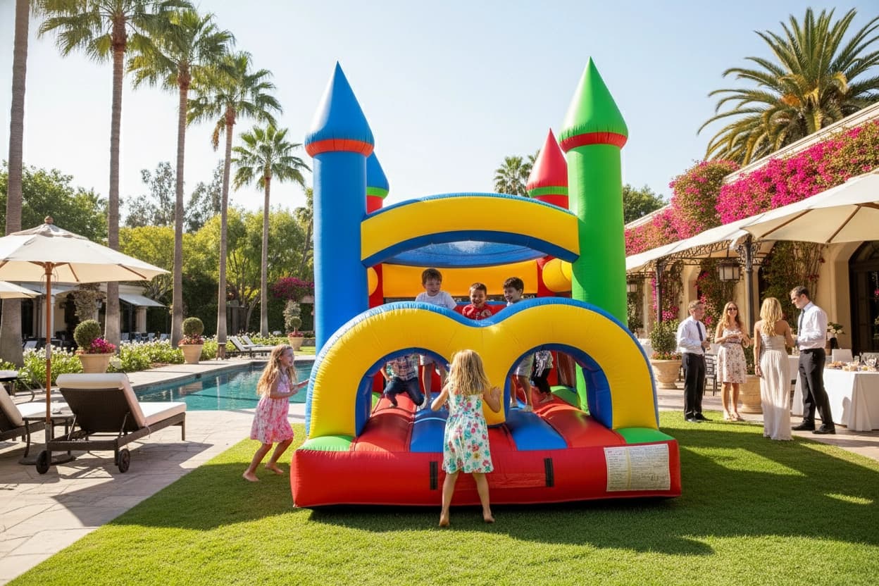Close-up of the Rainbow Tunnel Rush obstacle zone with kids navigating pop-up posts and twin tunnel rings.
