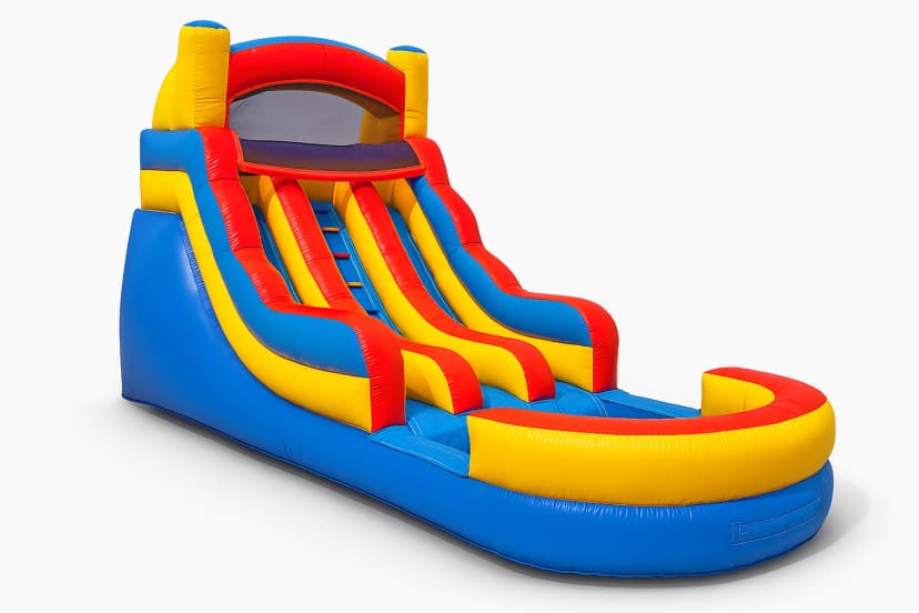 Front three-quarter studio view of the Red Dual Lane Splash Water Slide with twin lanes and splash pool.