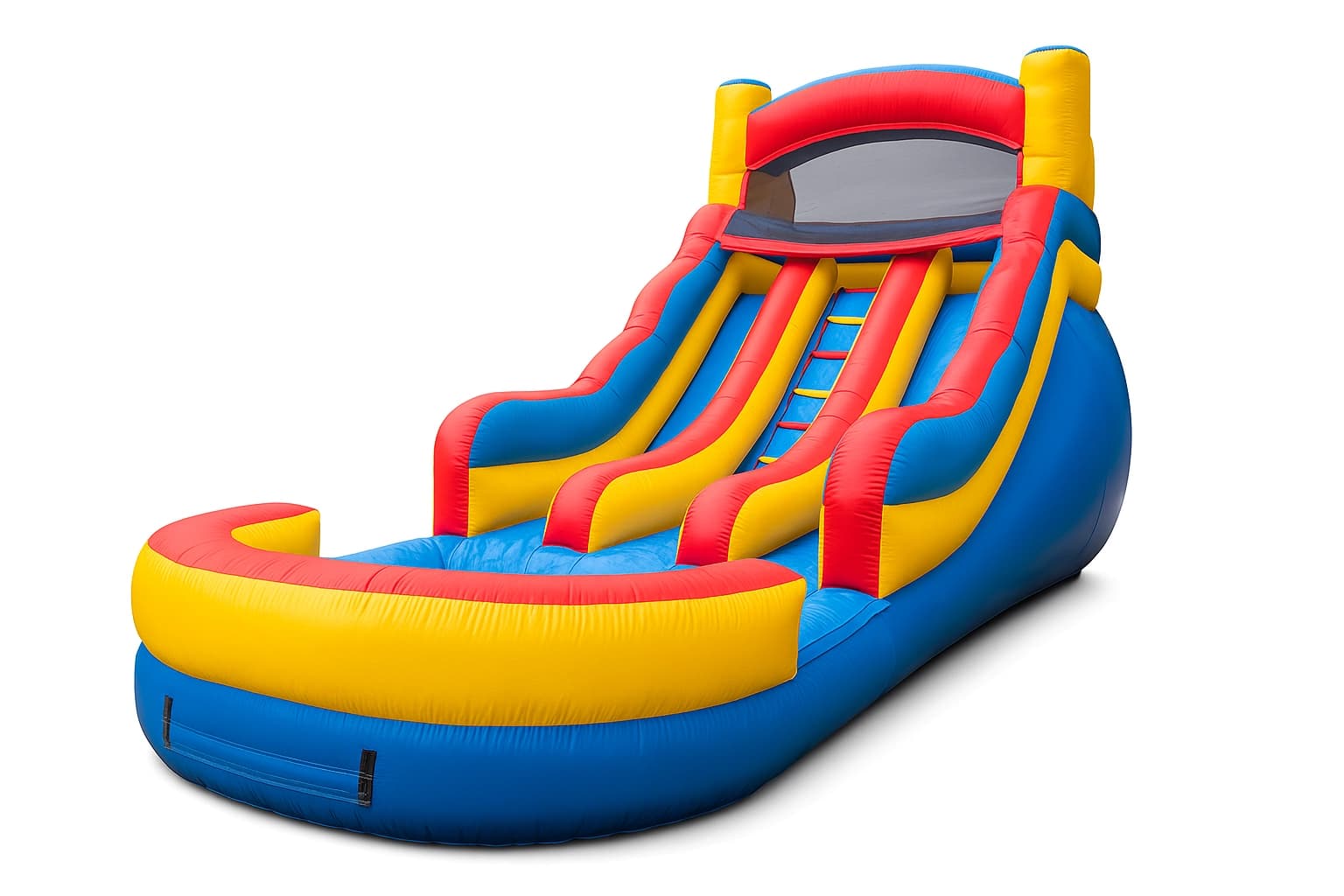 Side profile of the Red Dual Lane Splash Water Slide showing tall climb wall and dual curved chutes.