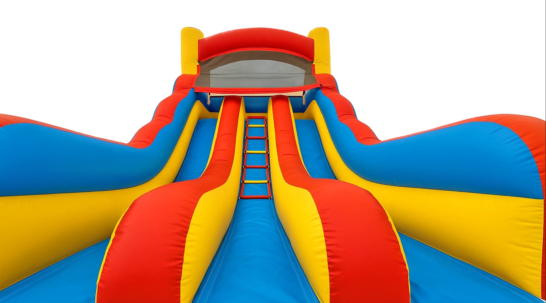 Overhead view showing parallel lanes, center ladder, and landing pool on the Red Dual Lane Slide.