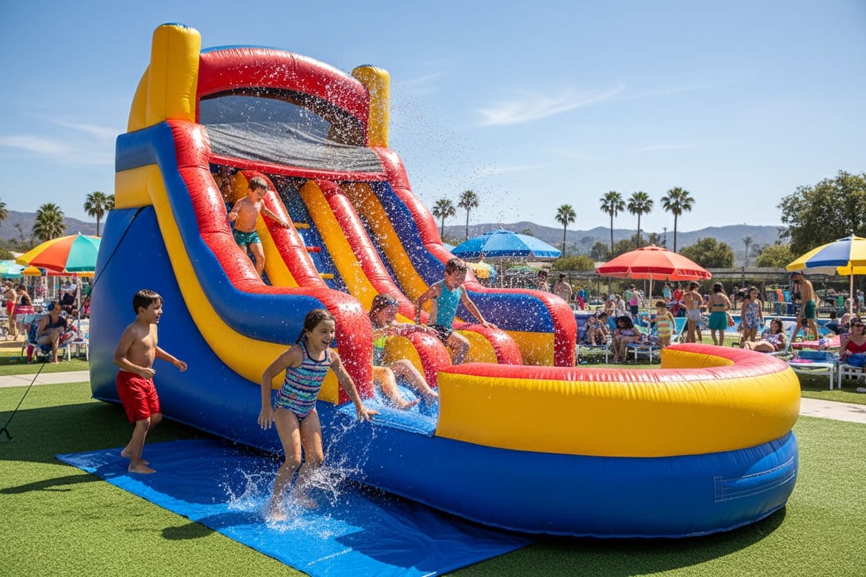 Event venue scene featuring the Red Dual Lane Splash Water Slide set beside a pool with guests nearby.