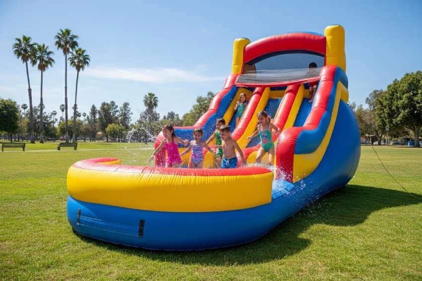 Front hero view of the Red Dual Lane Water Slide showing main features and design.