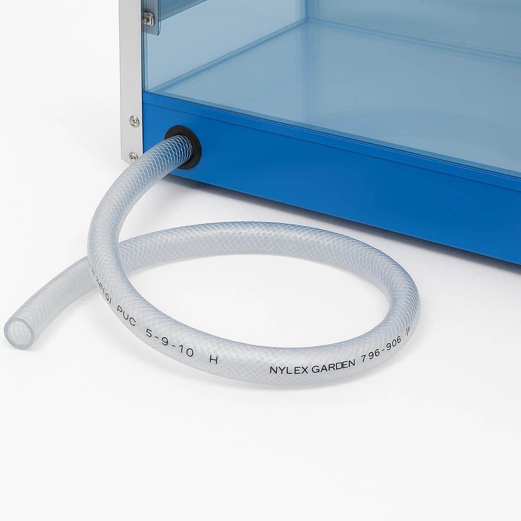 Close-up of the clear drain hose attached to the base for easy meltwater management and cleanup.