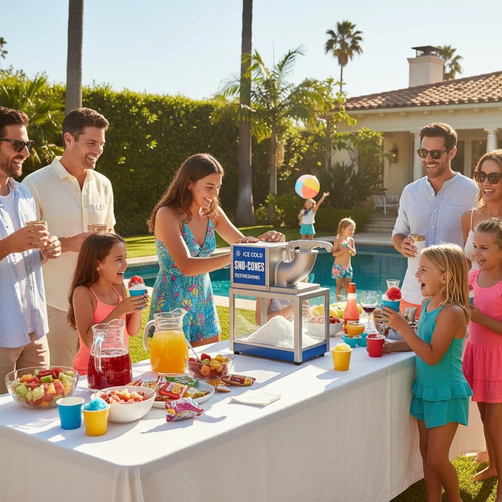 Outdoor setup showing the snow cone machine on a table with cups and syrups during a backyard event.