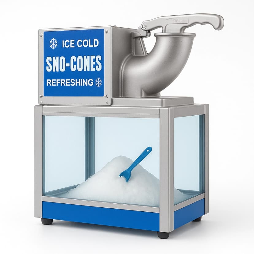 Front view of the commercial snow cone machine with top-mount ice shaver and clear bin on a white background.