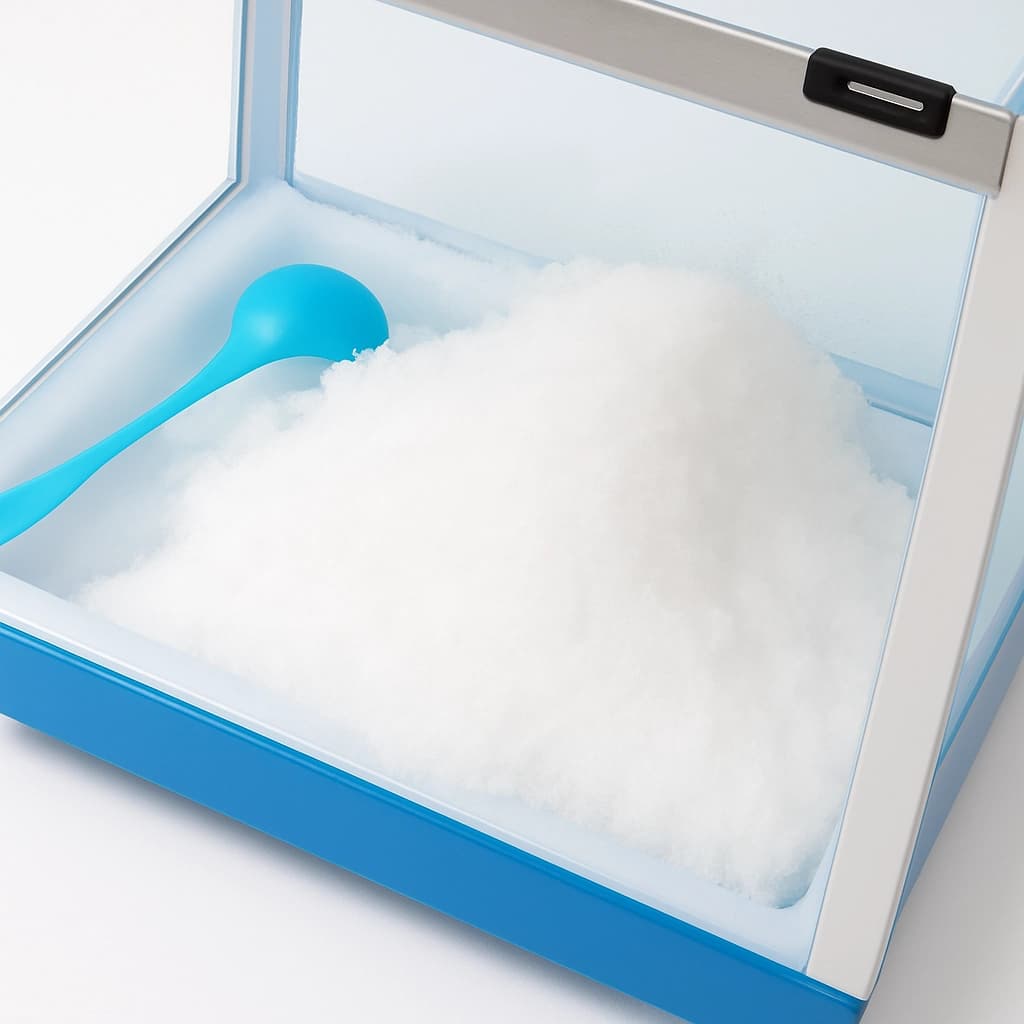 Interior bin filled with finely shaved ice and scoop visible through the clear acrylic walls of the machine.