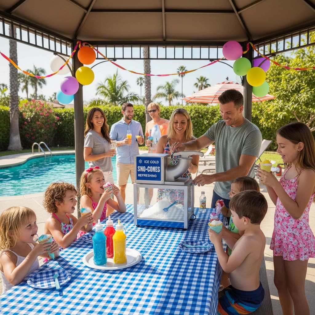 Guests enjoying fresh snow cones at an outdoor party with the machine running on a serving table.